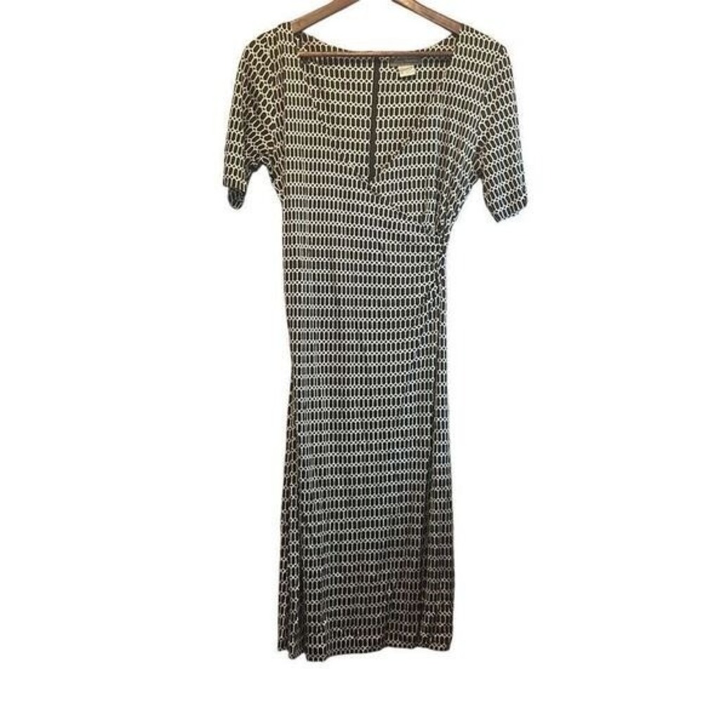 Tommy Bahama Faux Wrap Dress Womens Small Brown White Geometric Ruched Excellent